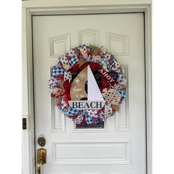 Coastal Sailboat Ahoy Anchor Beach Seashells Fish Summer Deco Mesh Ribbon Wreath - Picture 9 of 9
